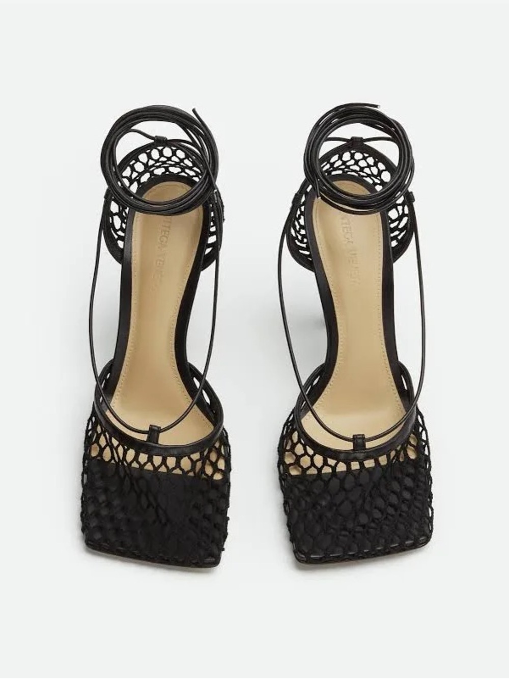 Bottega Veneta Stretch - lace up sandal. Black fishnet detail.